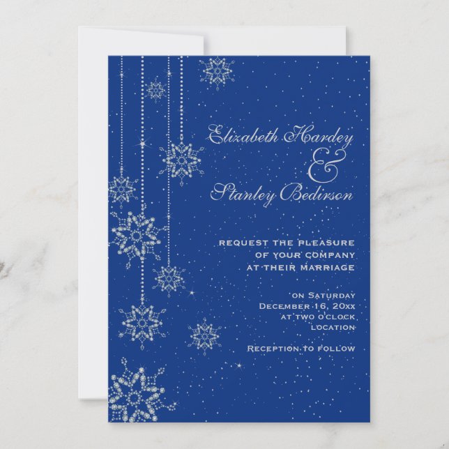 Invitación Boda azul con copos de nieve de cristal (Anverso)