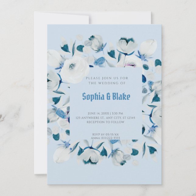 Invitación Boda azul con marco floral azul y blanco moderno (Anverso)