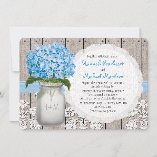 Invitación Boda azul con monograma del Hydrangea del tarro de (Anverso)