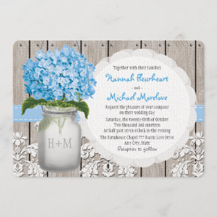Invitación Boda azul con monograma del Hydrangea del tarro de