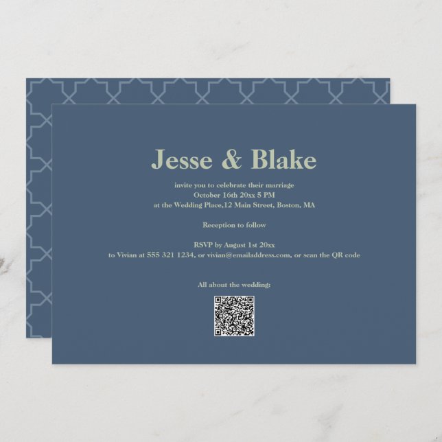 Invitación Boda azul con patrón de laberinto (Anverso / Reverso)