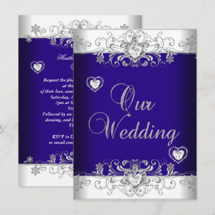 Invitación Boda Azul Corazones de Diamantes de Plata 2a