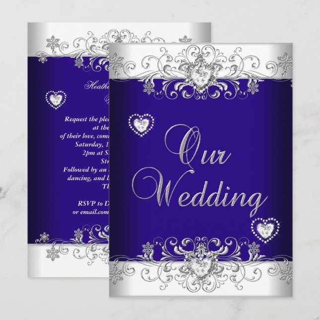 Invitación Boda Azul Corazones de Diamantes de Plata 2a (Anverso / Reverso)