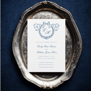 Invitación Boda azul corona monograma francés vintage