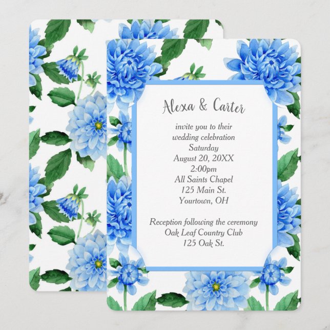 Invitación Boda azul Dahlia Watercolor (Anverso / Reverso)