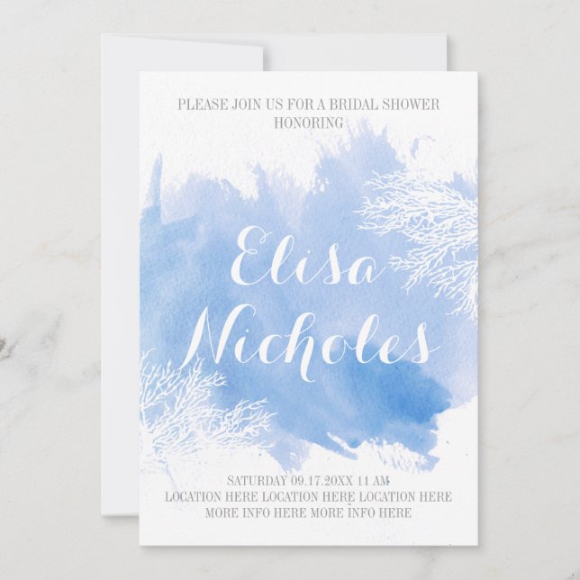 Invitación Boda azul de arrecife de coral acuarela ducha de n (Anverso)