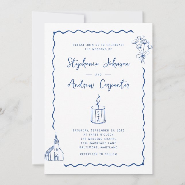 Invitación Boda azul de cobalto caprichoso ilustrado (Anverso)