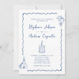 Invitación Boda azul de cobalto caprichoso ilustrado