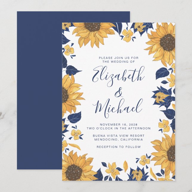 Invitación Boda azul de color azul girasol moderno (Anverso / Reverso)