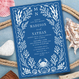 Invitación Boda azul de concha de cangrejo náutico en la play