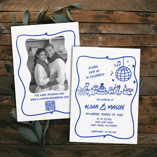 Invitación Boda azul de doodle moderno dibujado a mano (hand drawn wedding invitation doodle illustration squiggle wavy frame modern funky unique blue)