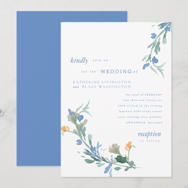 Invitación Boda azul de flores silvestres (Anverso / Reverso)