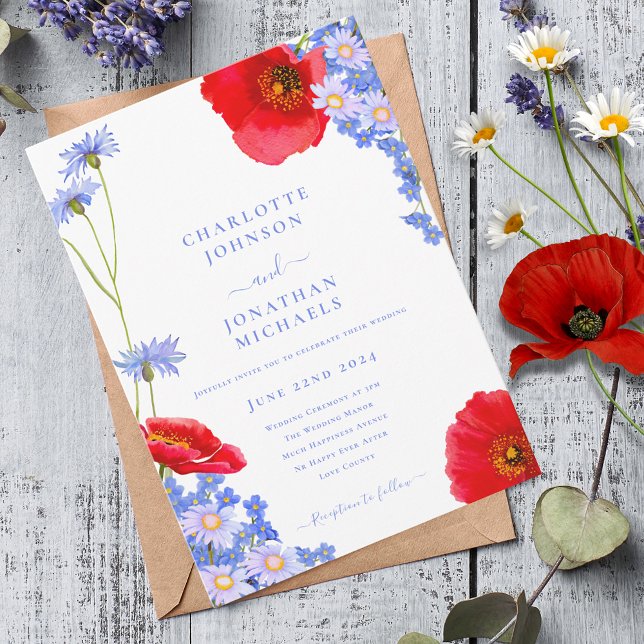 Invitación Boda azul de flores silvestres moderno (Modern wildflower watercolor with poppy cornflower and daisy wedding invitation)
