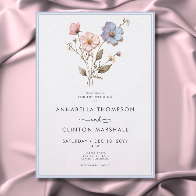 Invitación Boda azul de flores silvestres pastel a presión mo (Modern Pressed Pastel Wildflowers Blue Wedding Invitation)