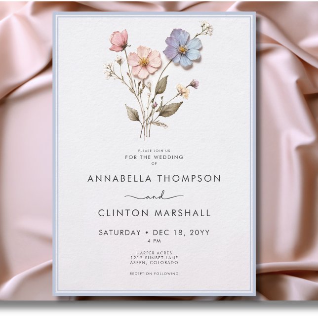 Invitación Boda azul de flores silvestres pastel a presión mo (Modern Pressed Pastel Wildflowers Wedding Invitation)
