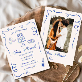Invitación Boda azul de foto de época dibujada a mano caprich