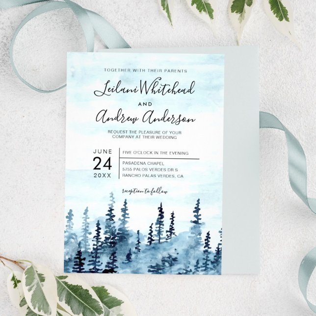 Invitación Boda azul de la acuarela forestal de Woodland Fore (Subido por el creador)