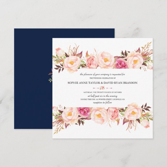 Invitación Boda azul de la armada del marco floral rosado rus (Anverso / Reverso)
