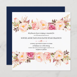 Invitación Boda azul de la armada del marco floral rosado rus