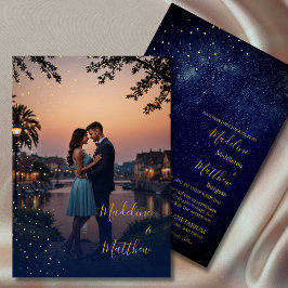 Invitación Boda azul de la foto de las estrellas de oro de Sk