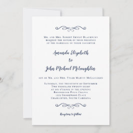 Invitación Boda azul de la Marina Blanca elegante y formal cl