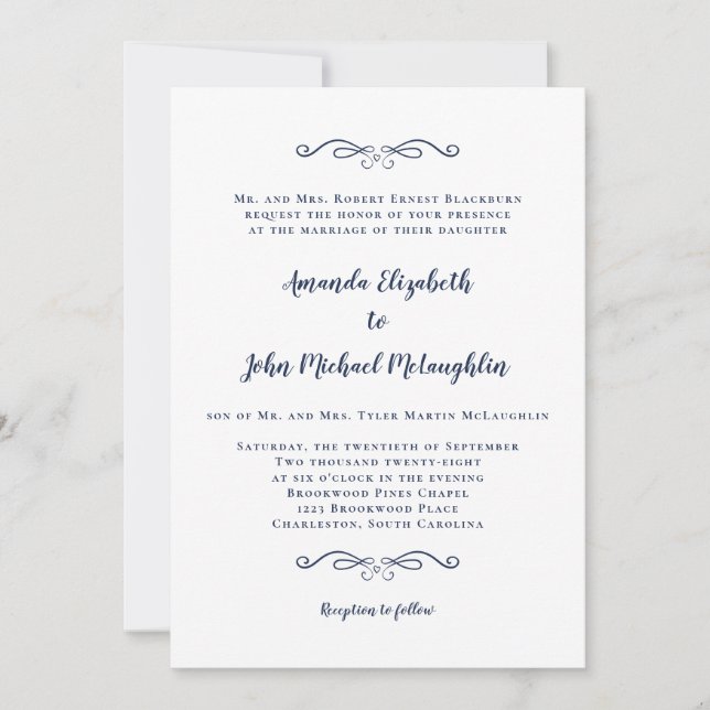 Invitación Boda azul de la Marina Blanca elegante y formal cl (Anverso)
