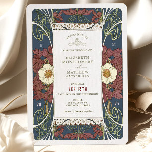 Invitación Boda azul de la Marina Borgoña de época Art Nouvea