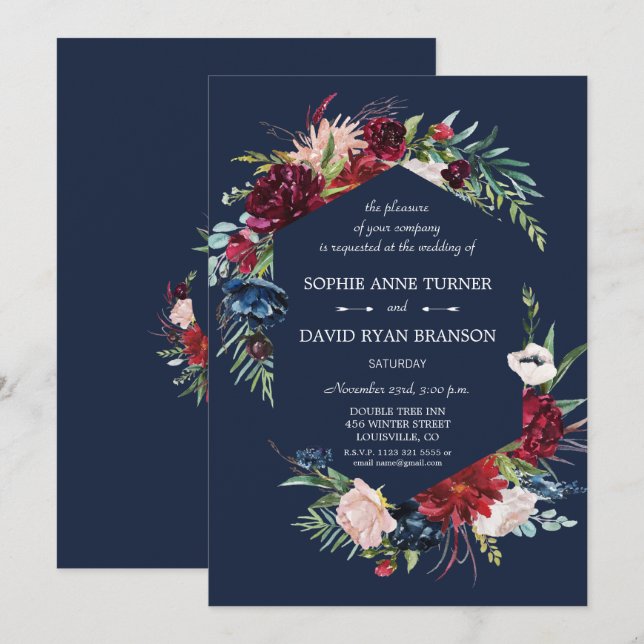 Invitación Boda azul de la Marina Borgoña en Rubor (Anverso / Reverso)