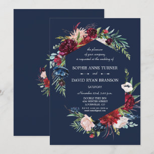 Invitación Boda azul de la Marina Borgoña en Rubor