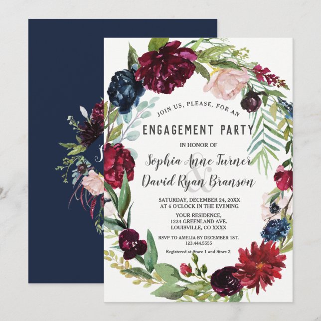 Invitación Boda azul de la Marina Borgoña en Rubor (Anverso / Reverso)