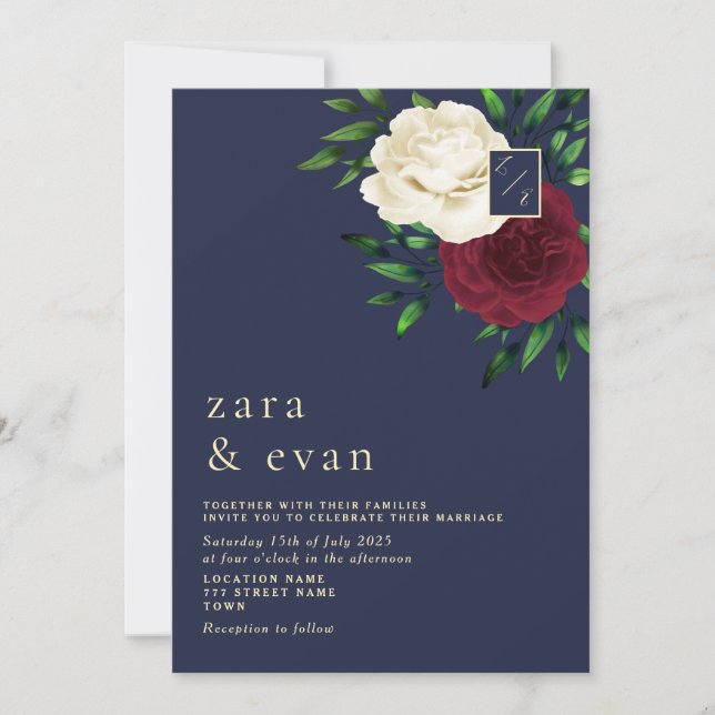 Invitación Boda Azul de la Marina Borgoña Floral (Anverso)
