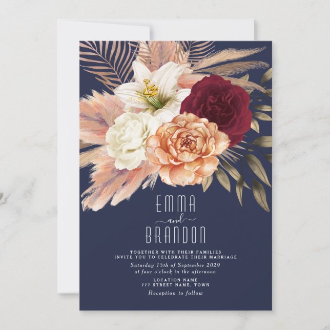 Invitación Boda azul de la Marina Borgoña Rosas de la Pesca (Anverso)