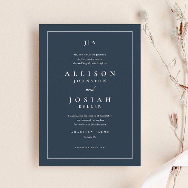 Invitación Boda azul de la marina clásica (Elegant navy blue wedding invitation with classic monogram and typography, and simple frame.)