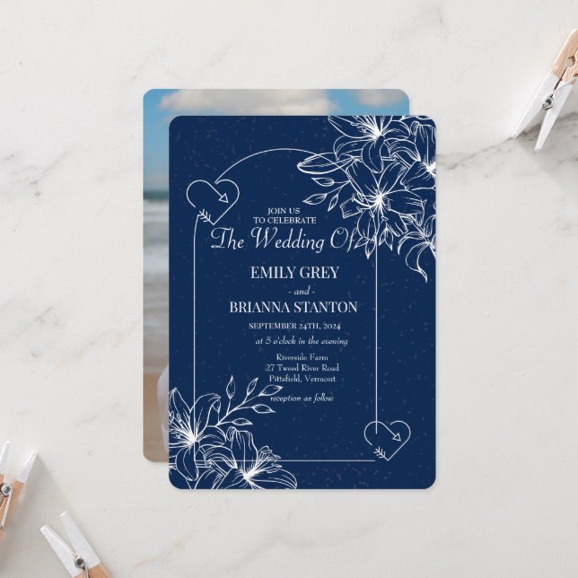 Invitación Boda Azul de la Marina Clásica Elegante (Anverso/Reverso In Situ)