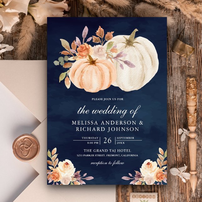 Invitación Boda azul de la Marina de Calabaza Floral Dusty Pe (Subido por el creador)