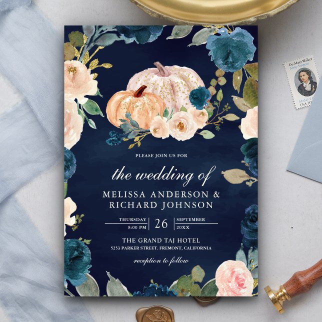 Invitación Boda azul de la Marina de Calabaza Floral Rustica (Subido por el creador)