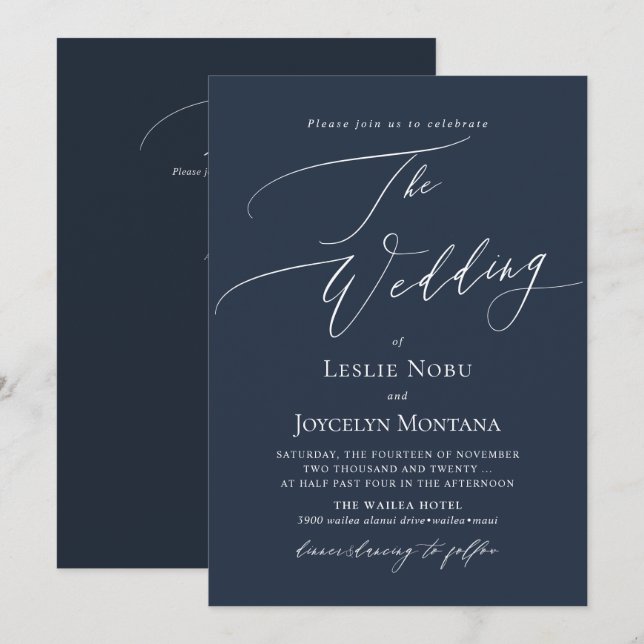 Invitación Boda azul de la marina de caligrafía de lujo PixDe (Anverso / Reverso)