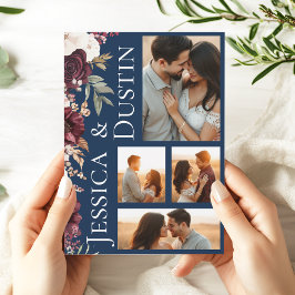 Invitación Boda azul de la Marina de Collage de fotos floral 