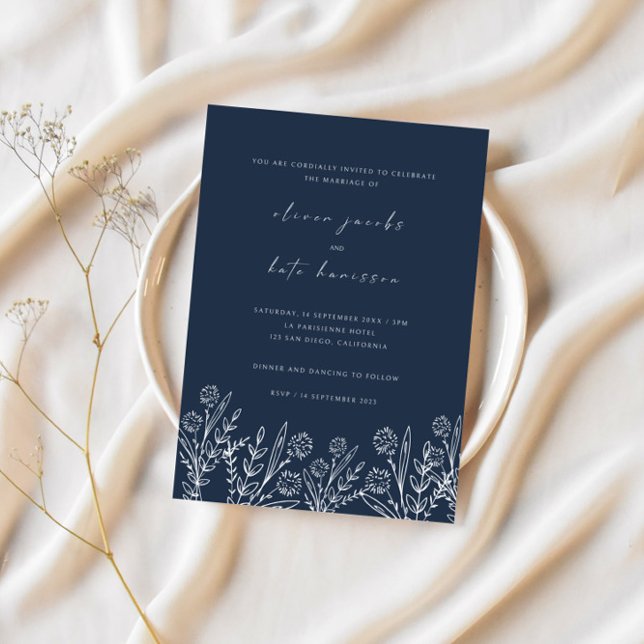 Invitación Boda azul de la Marina de Flor Silvestre Moderna (Subido por el creador)