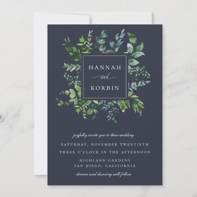 Invitación Boda azul de la marina de flotación forestal (Anverso)