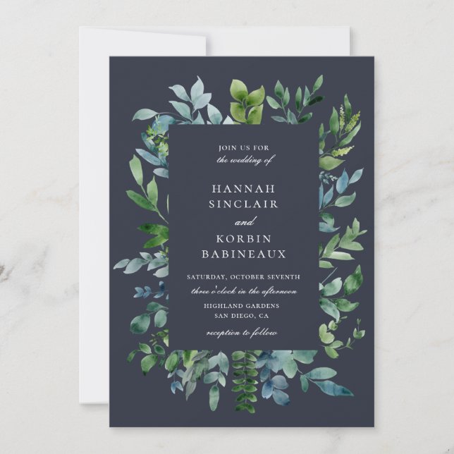 Invitación Boda Azul de la Marina de Foliage Forestal Rústica (Anverso)