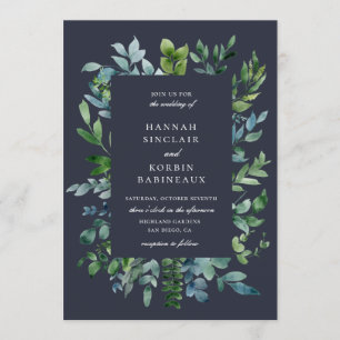 Invitación Boda Azul de la Marina de Foliage Forestal Rústica