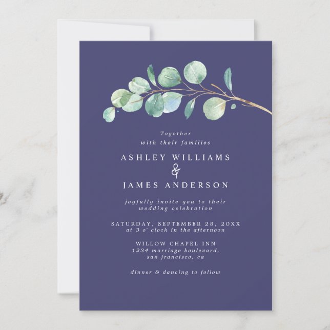 Invitación Boda azul de la Marina de Foliage simple Eucalyptu (Anverso)