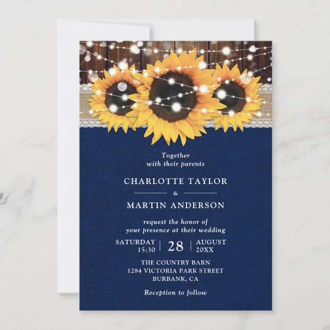 Invitación Boda azul de la Marina de Girasol de Campo Rústico (Anverso)