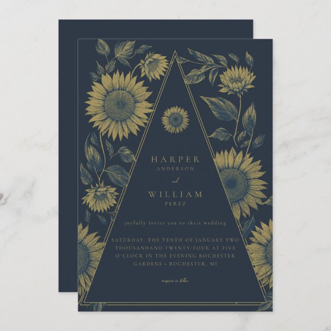 Invitación Boda azul de la marina de girasol del triángulo bo (Anverso / Reverso)
