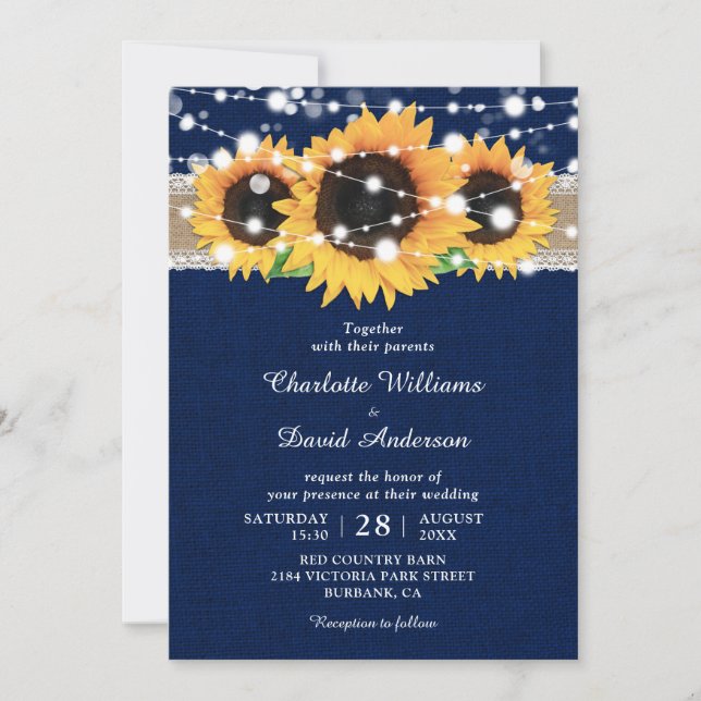 Invitación Boda azul de la Marina de Girasol Rustic Burlap La (Anverso)