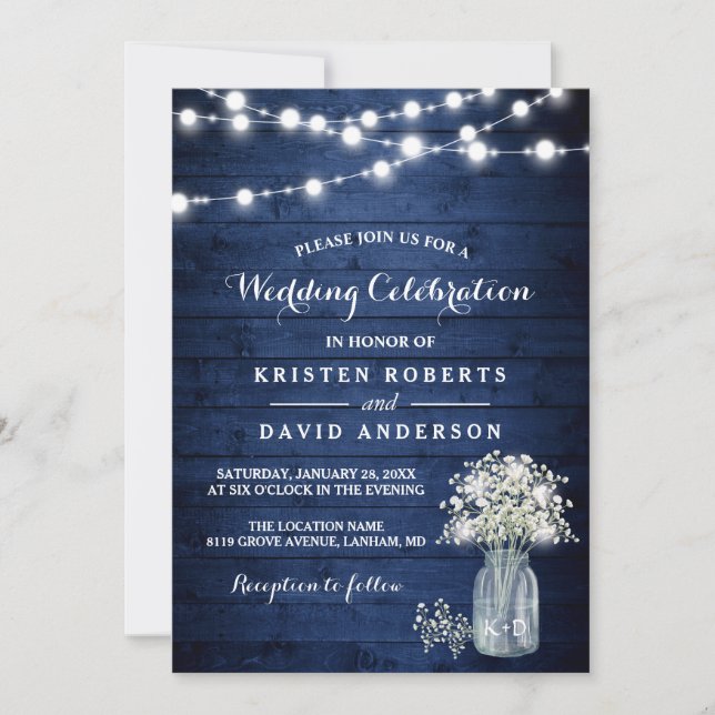 Invitación Boda azul de la marina de guerra con luces de alie (Anverso)