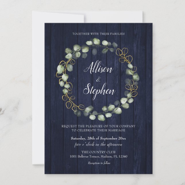 Invitación Boda azul de la Marina de Guerra Eucalyptus (Anverso)