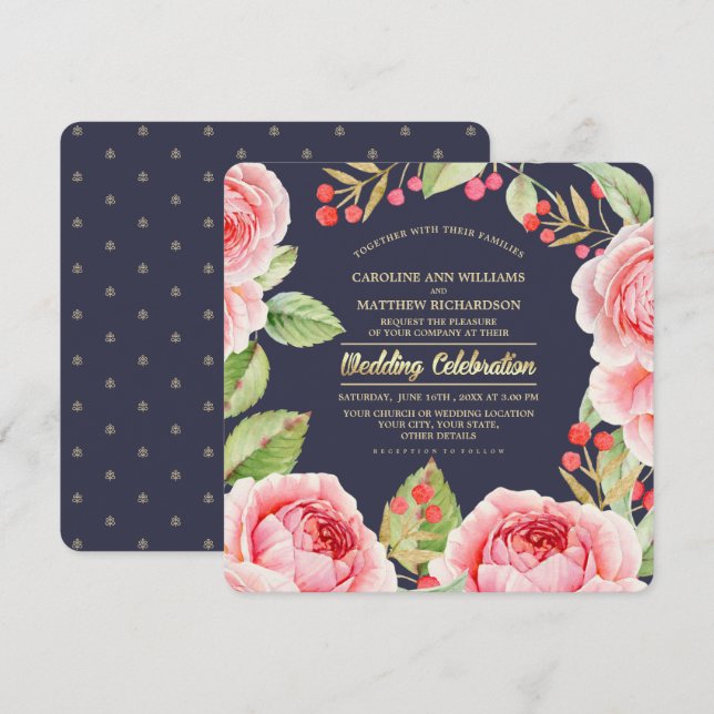 Invitación Boda azul de la Marina de las Flores de Agua Román (Anverso / Reverso)