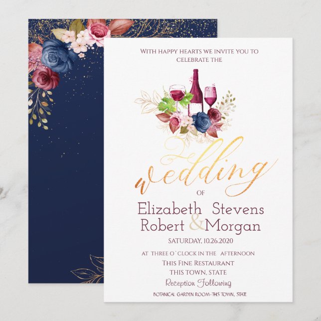 Invitación Boda azul de la Marina de las Flores de Borgoña (Anverso / Reverso)